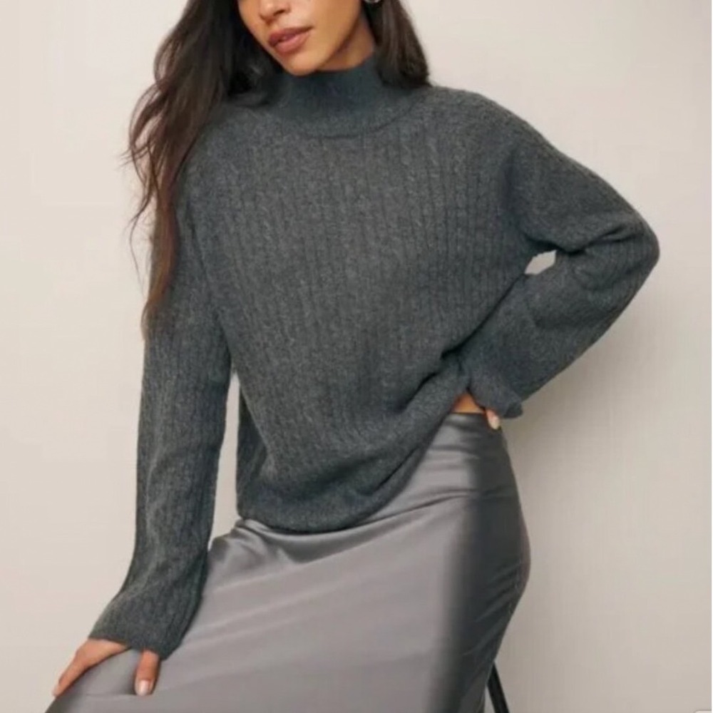 Reformation Garrett Cashmere Cable Oversized Turtleneck Sweater Gray Small